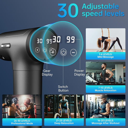 Massage Gun Deep Tissue 30 Speeds 6 Heads, Grey