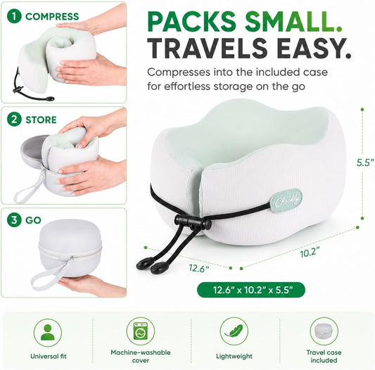 Memory Foam Travel Neck Pillow for Airplane Travel, Head and Chin Support, Adjustable Strap, Washable Cover, Carry Case