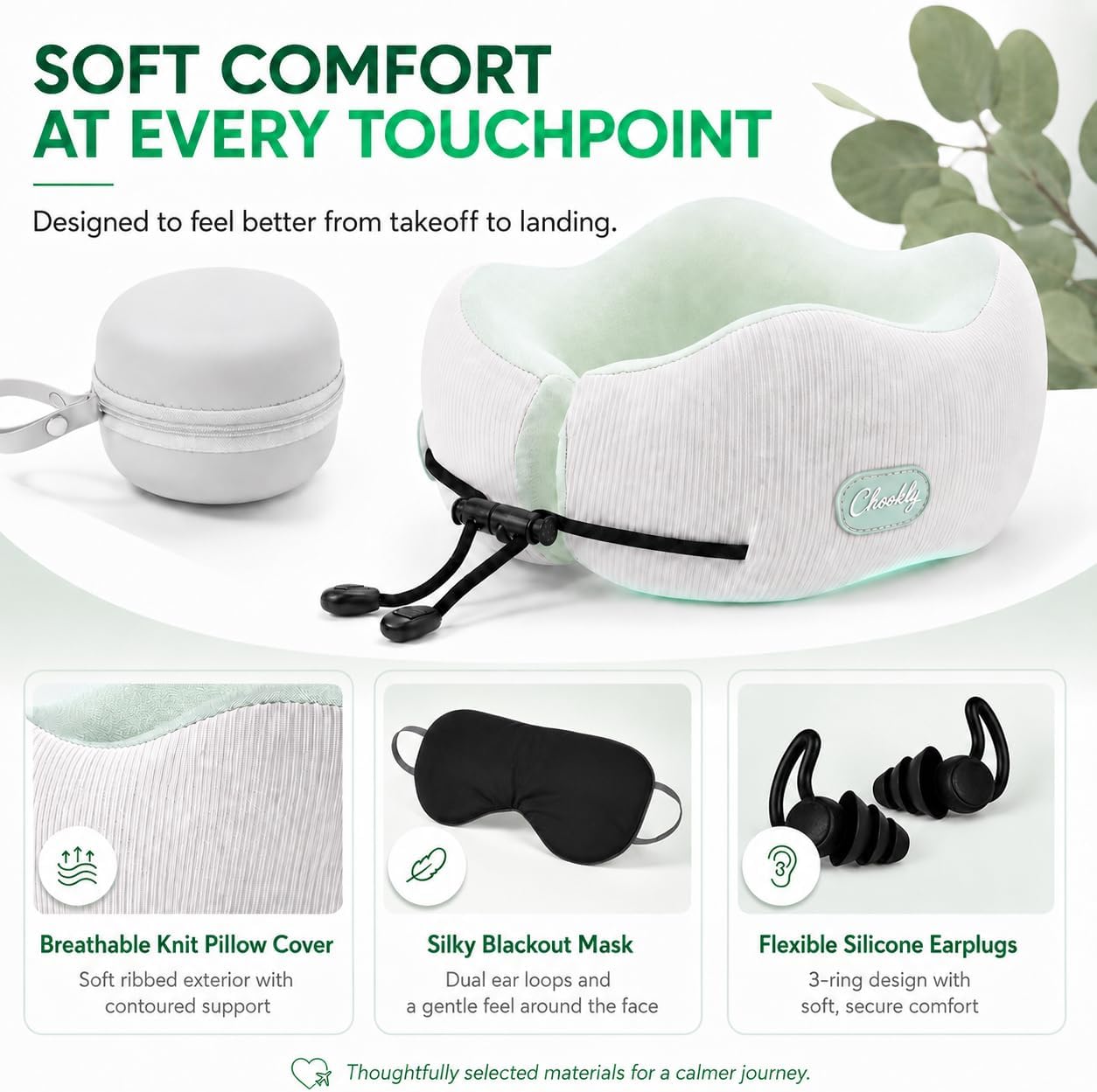 Memory Foam Travel Neck Pillow for Airplane Travel, Head and Chin Support, Adjustable Strap, Washable Cover, Carry Case