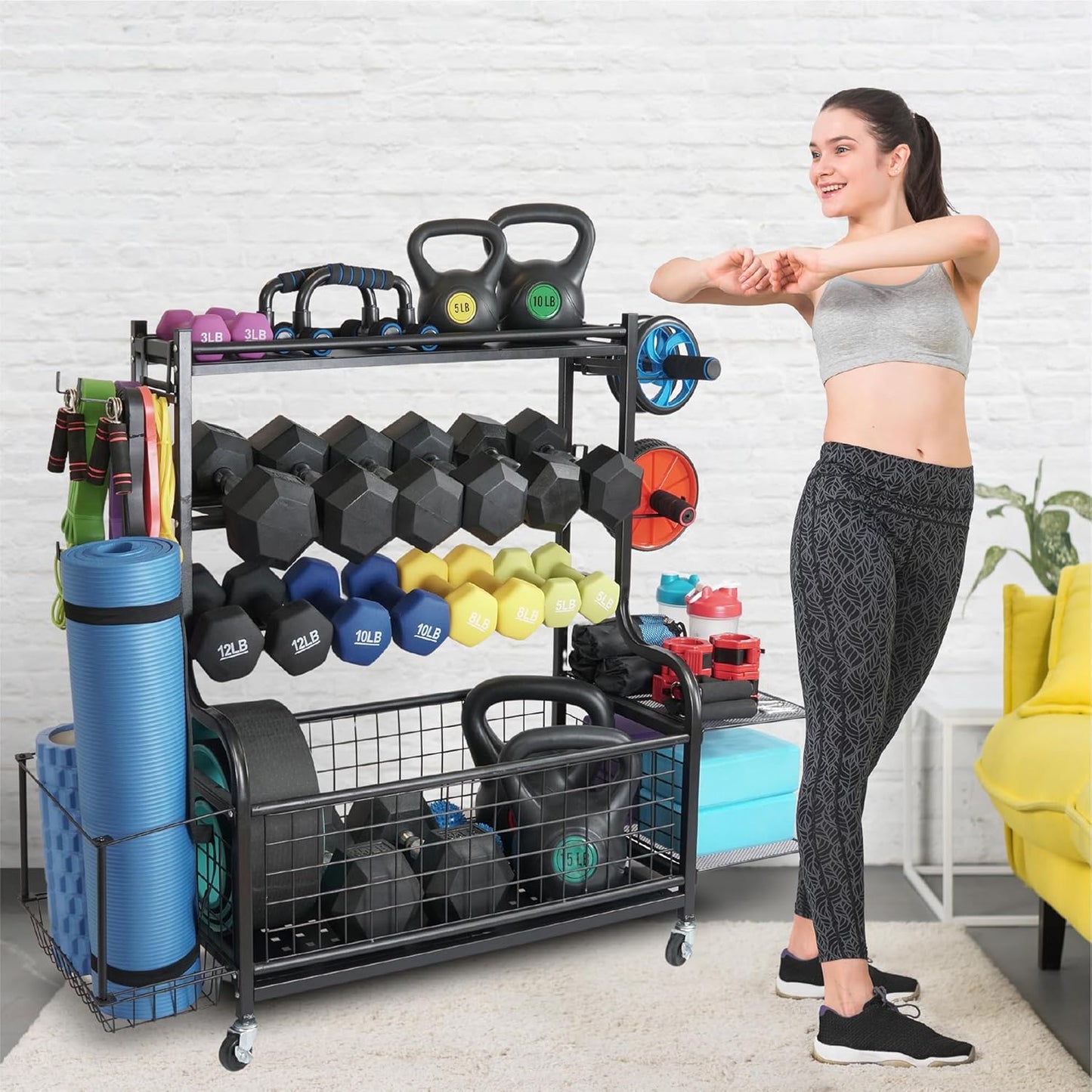 Dumbbell Rack for Home Gym, Heavy Duty Weight Rack for Dumbbells, Adjustable Dumbbell Stand with Storage, 700LB Capacity Gym Equipment Organizer with Wheels