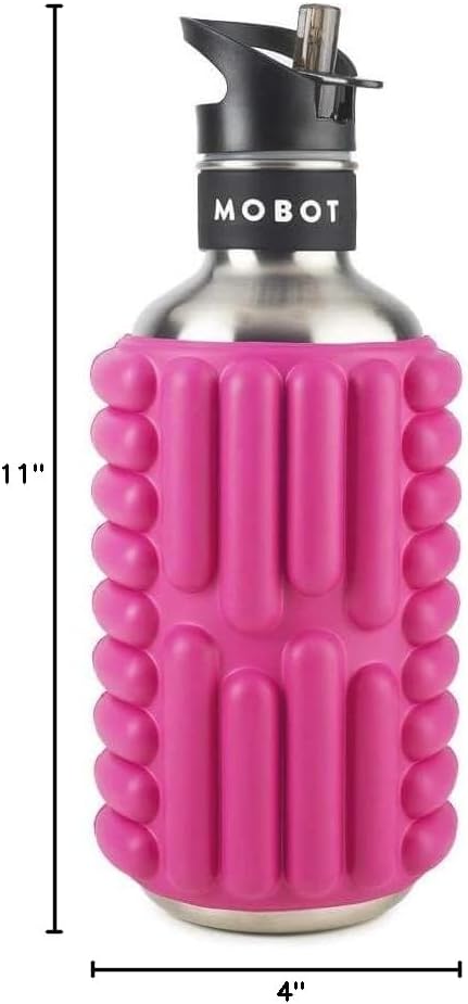 MOBOT Portable Travel Foam Roller Water Bottle with Sip Straw, Stainless Steel Screw Lid | Insulated Sports Water Bottle and Foam Rollers for Yoga, Workout, Home Gym, & Exercise, Beet (27 oz)