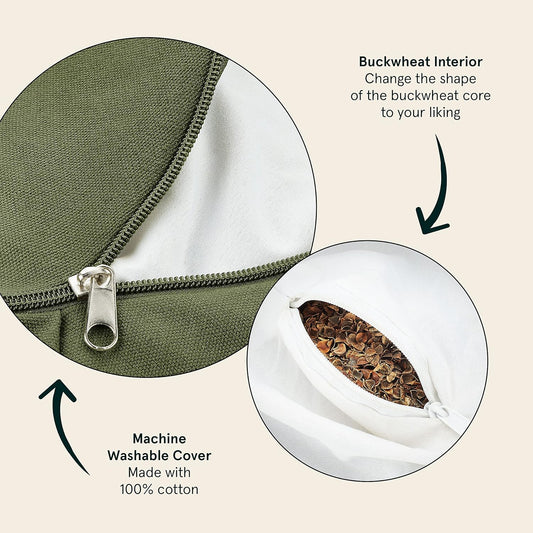 Sedona Zafu Meditation Cushion with Buckwheat Hull Fill - Adjustable Yoga & Pilates Equipment Support - 17in Crescent Cotton Cover