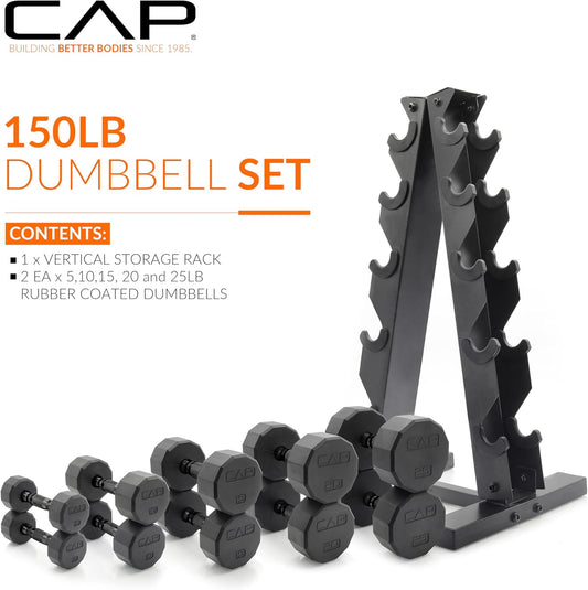 Barbell 150 LB Coated Hex Dumbbell Weight Set with Vertical Rack | Multiple Options