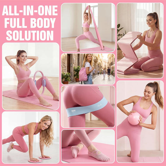 Foldable Pilates Kit for Women – Portable Home Workout Set with Compact Pilates Mat, Ring, Ball, Resistance Bands & Sliders for Small Spaces, Travel & Beginner Full Body Training