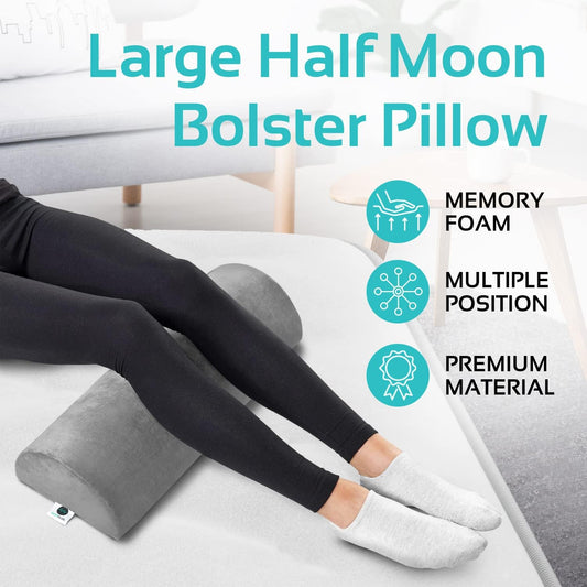 Knee Pillow for Back Sleeping | Large Half Moon Bolster Pillow for Legs, Under Knee Pillow for Sleeping on Back (20.5"x 8"x 4.5") Leg Pillow for Ankle and Foot Comfort, Machine Washable Cover, Grey