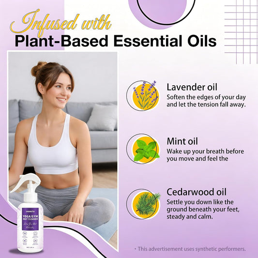 Yoga Mat Cleaner Spray - Powered By Essential Oil,Natural Plant Based | No Sticky Residue | Removes Sweat & Odor | Safe for All Mats(Yoga & Pilates)–Microfiber Towel Included (8.45oz, Lavender)
