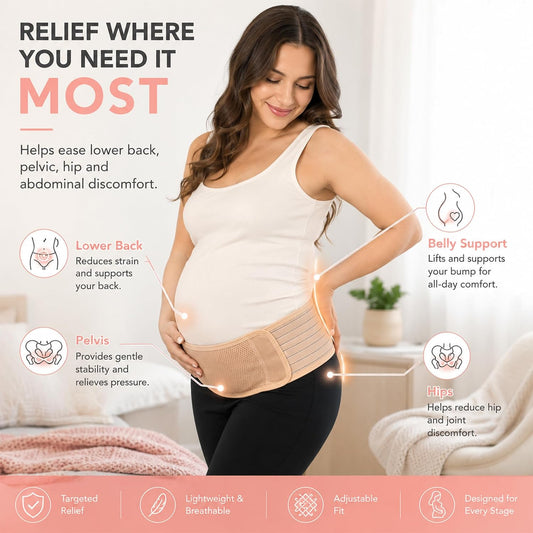 Maternity Belt Back Support - Adjustable Abdominal Binder for Pregnancy - Belly Band for Pelvic, Waist & Lower Back Comfort - Fits Up to 46 Inches - Beige