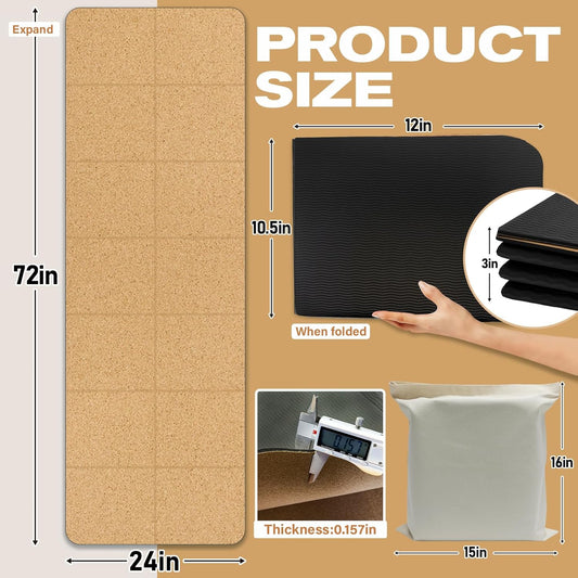 Foldable Cork Yoga Mat 72 * 24 in 4 mm Thick Sweat Resistant with Rubber Base Hot Yoga Mat with Storage Bag Lightweight Grip Mats for Travel and Pilates Fitness Home Workouts