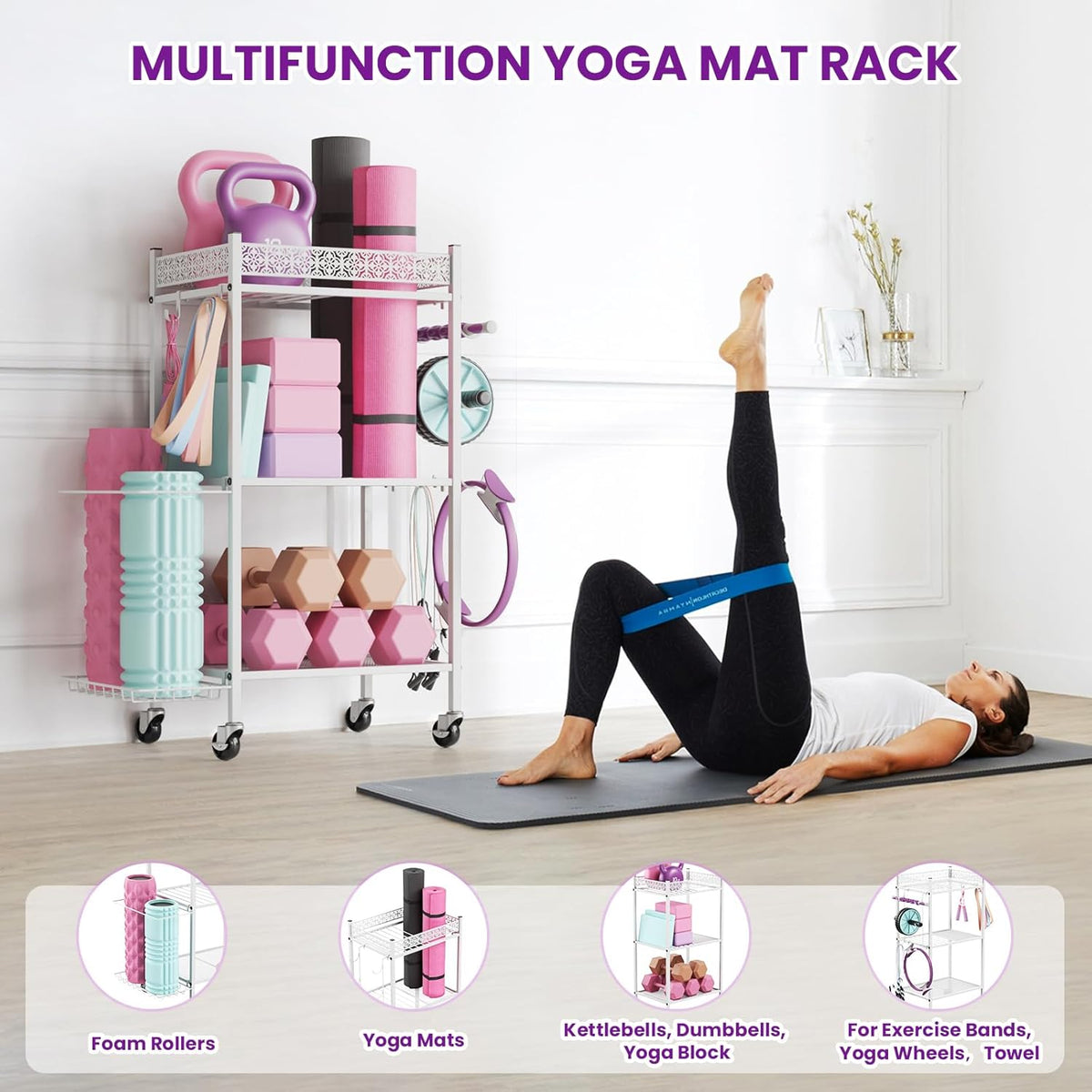 Yoga Mat Storage Rack, Home Gym Storage Rack, Workout Storage for Yoga Mat, Foam Roller, Gym Organizer Gym Equipment Storage for Home Exercise and Fitness Gear