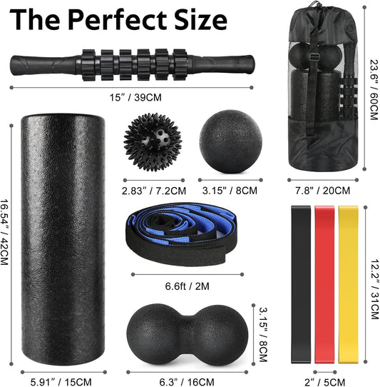 7 in1 Foam Roller Set for Deep Tissue Muscle Massager - Back Roller | Muscle Roller Stick, Resistance Bands, Foot Massage Ball, Stretching Strap for Exercise, Whole Body Physical Therapy