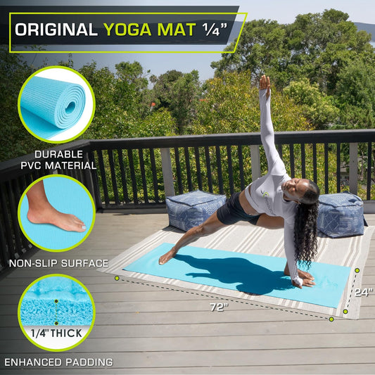 Original Yoga Exercise Mat 1/4” (6mm) Thick for Comfort and Stability with Carrying Straps, Non Slip –Multiple Colors