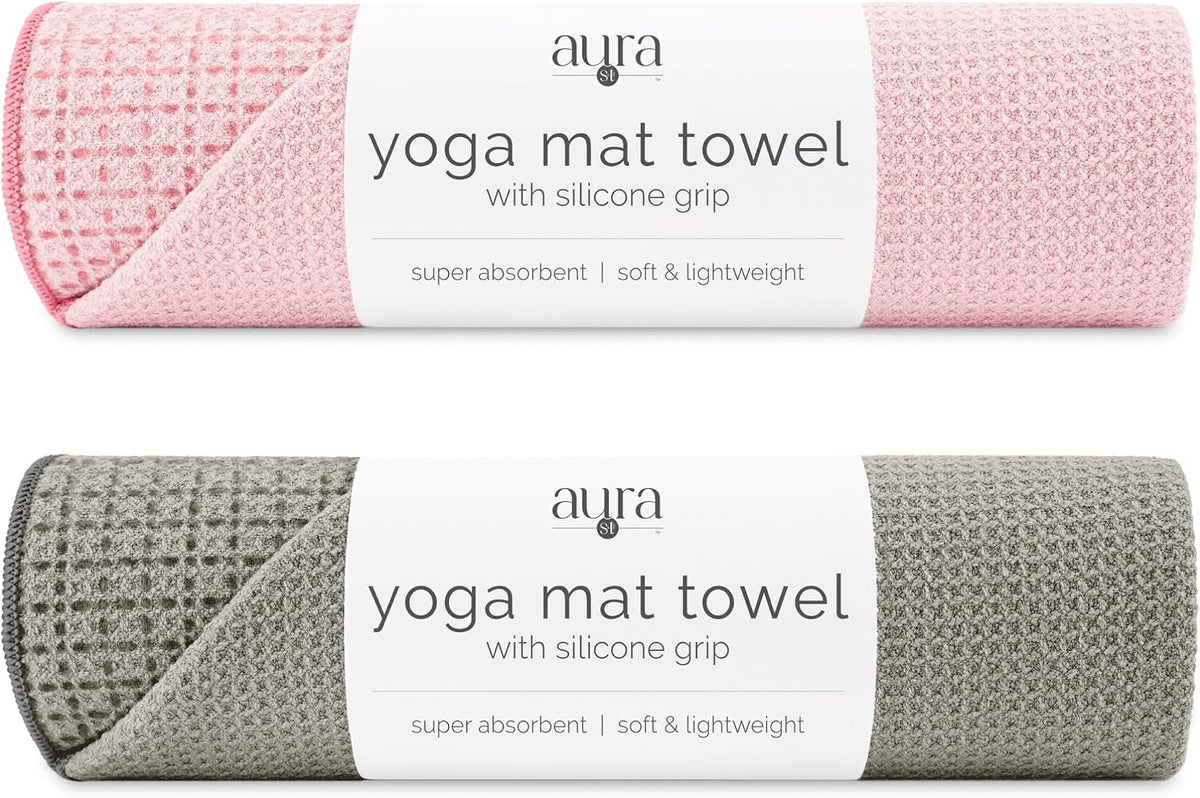 . Aura Yoga Mat Towel with Non-Slip Grip, Enhanced Silicone Grip, Soft and Absorbent for Gym, Pilates, and Hot Yoga Mat, 2 Pack, 24 inches x 72 inches, 340GSM, Blue
