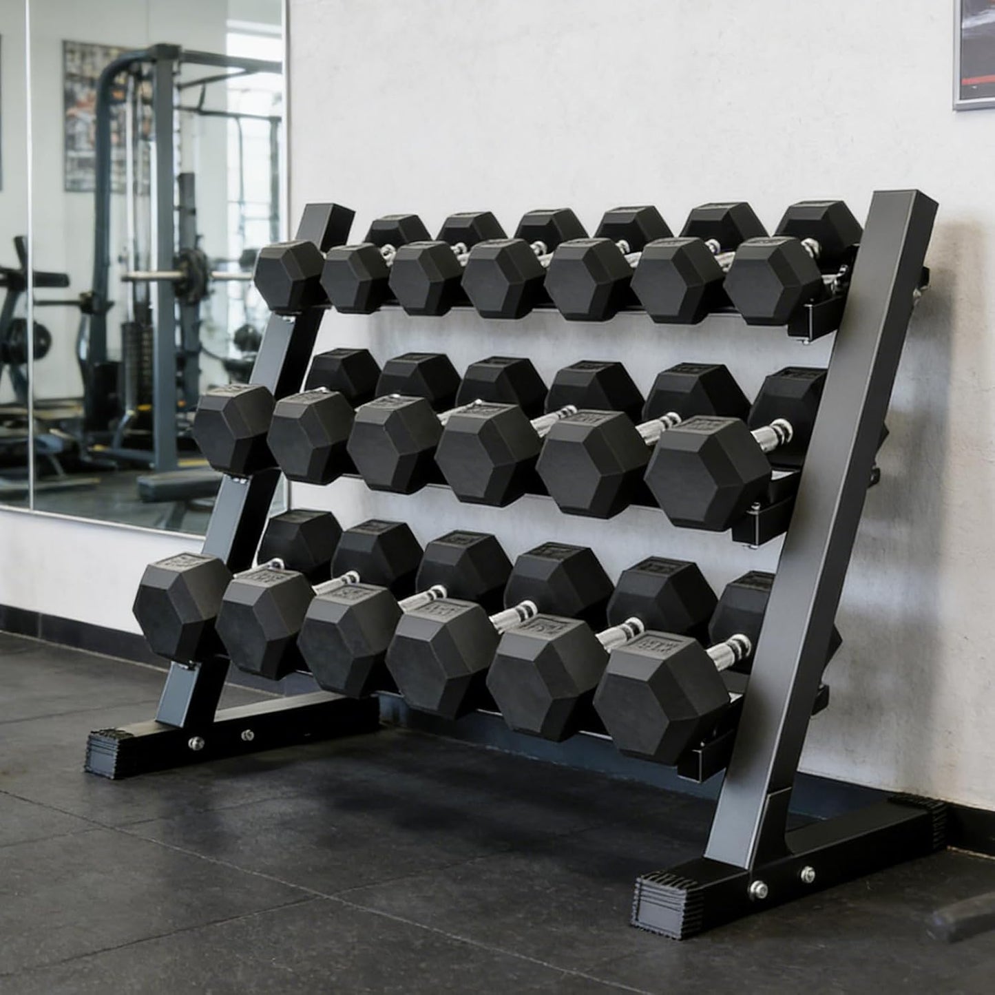 Rubber Coated Hex Dumbbell Set with Rack | Hex Rubber Coated Dumbbells Weight Range 5-50 Lbs Available in 350LB 450LB 550LB Capacity Sets for Strength Training