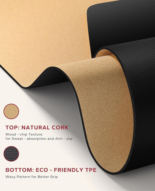 HAPBEAR Large Cork Yoga Mat - 72"x36" Wide Non-Slip for Home Workout, Yoga, Pilates & Stretching - 6mm Cushioned Support & Durable - Carry Bag Included