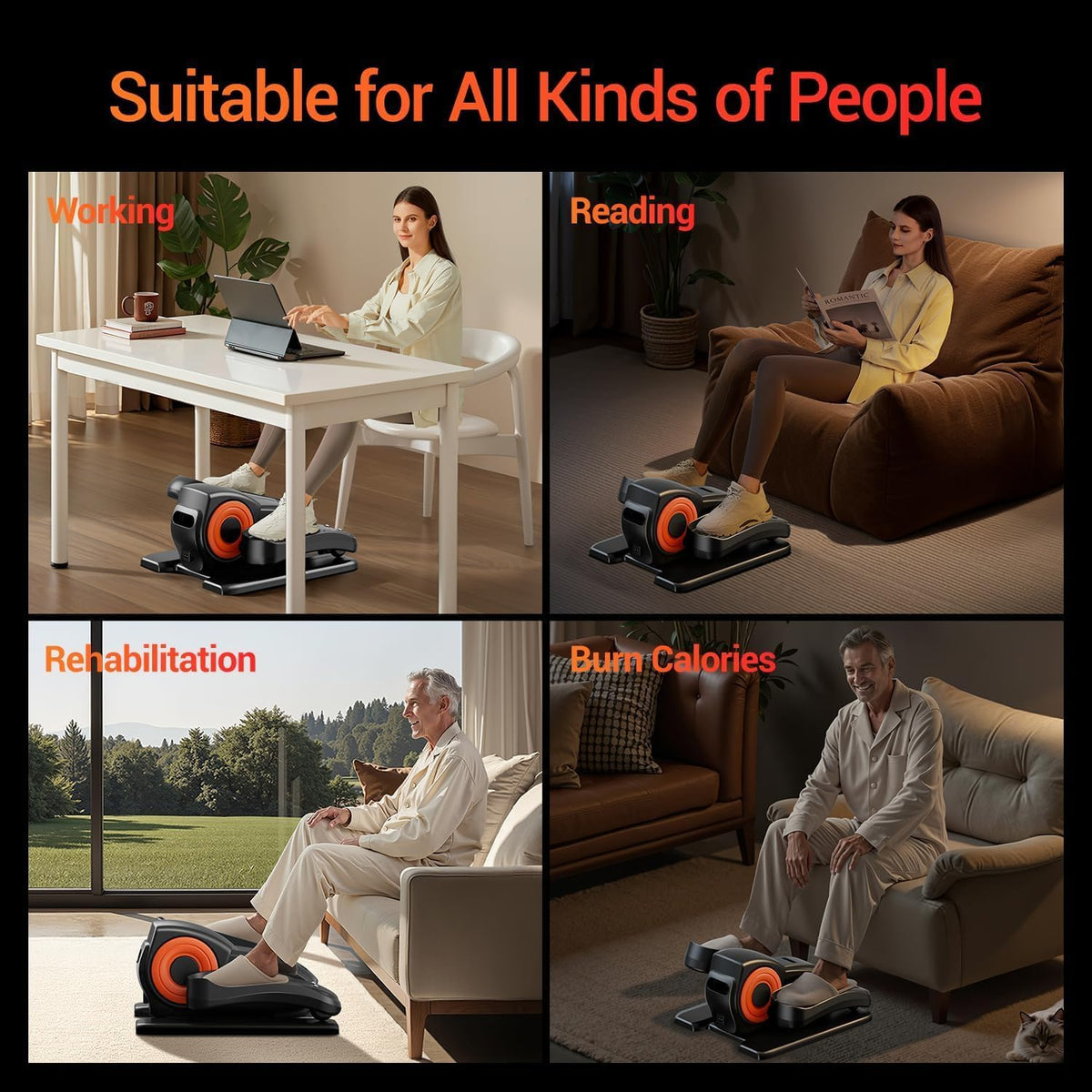 Under Desk Elliptical Machine Seated Pedal Exerciser | Quiet Leg Exerciser While Sitting, Mini Portable Leg Exercise Machine with Remote, Adjustable 12-Speeds, Manual & Auto Mode