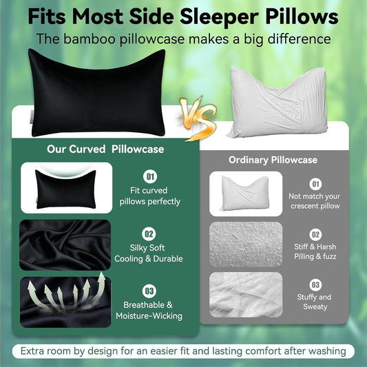 Cooling Curved Pillowcase for Side Sleeper Pillow - Rayon Derived from Bamboo Pillowcase with Zipper, Breathable and Soft Silky Cover for Hot Sleeper Protecting Hair & Skin Queen Size 2 Pack, White