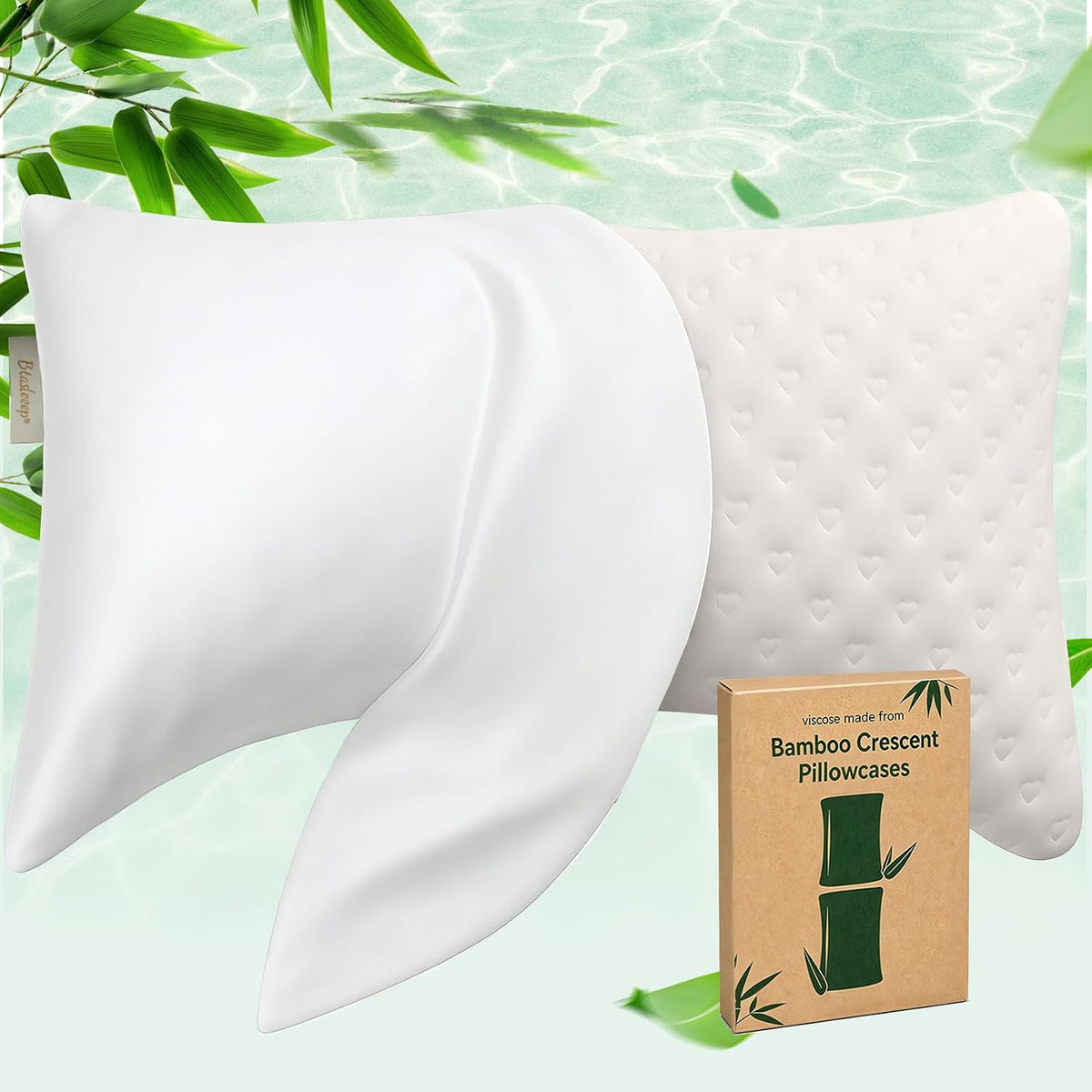 Cooling Curved Pillowcase for Side Sleeper Pillow - Rayon Derived from Bamboo Pillowcase with Zipper, Breathable and Soft Silky Cover for Hot Sleeper Protecting Hair & Skin Queen Size 2 Pack, White
