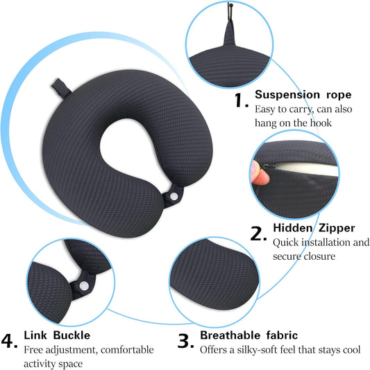 Neck Pillow Cover, Breathable Mesh Travel Neck Pillow Replacement Covers with Zipper, Cool and Elastic Fabric Airplane Pillow Covers for Traveling、Car、Home、Office (Dark Gray, No Filler)
