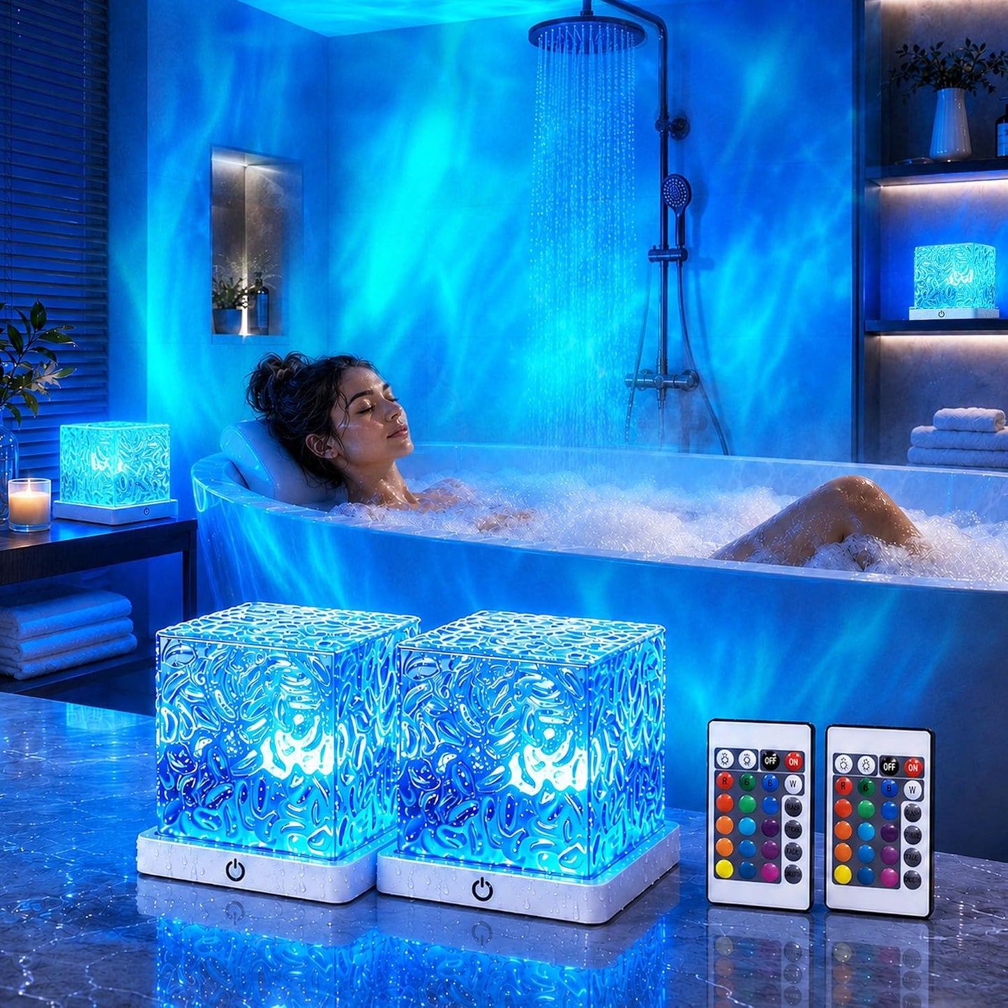 Waterproof Shower Light, Rechargeable Shower Lamp with 16 Color Changeable, Wireless Bathroom Lamp Mood Lighting with Touch & Remote Control, LED Ocean Wave Projector Light for Inside Shower, Bedroom