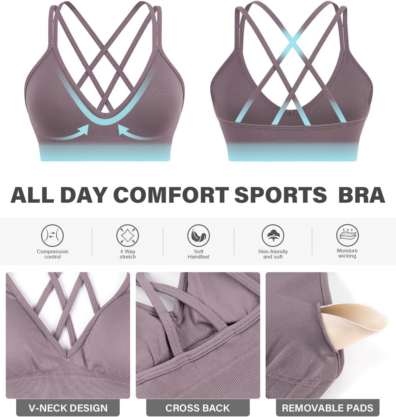 Seamless V-Neck Cross Back Women Sports Bra for Small Chest, 3 Pack | Made for A-C Cups, Spaghetti Straps, Removable Padded, Comfort Wireless for Low Impact Workout: Yoga, Lounging & Daily Wear