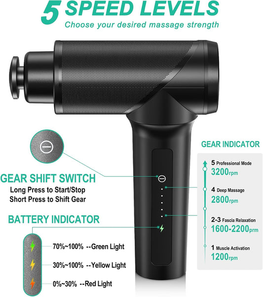Massage Gun - High Intensity Brushless Motor, Handheld Percussion Deep Tissue Massager with 6 Massage Heads for Sore Muscle and Stiffness, Valentines Day Gifts (Gray)