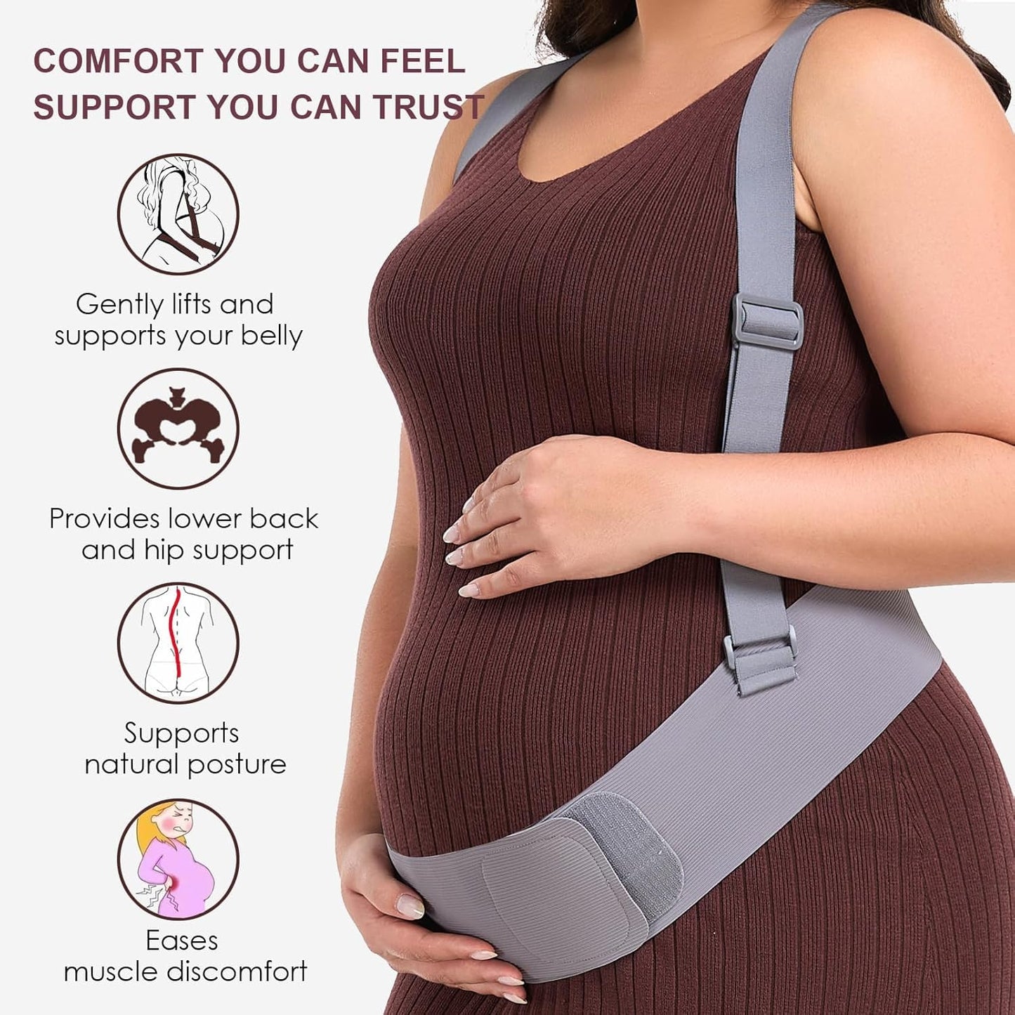 Belly Bands for Pregnant Women with Adjustable Support Brace Straps | Pregnancy Belly Band Maternity Belt for Abdomen, Waist and Back Support (Gray,L)