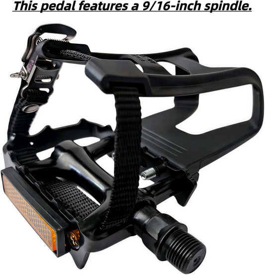 All-Terrain Bike Pedals with Toe Clips & Adjustable Straps Dual-Purpose Resin/Alloy Bicycle Pedals 9/16" Spindle - Indoor/Outdoor Use for Exercise/Spin/Road Bikes MTB