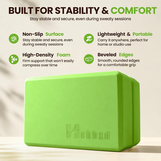 2 Pcs Yoga Blocks, High Density EVA Foam, Non-Slip, 9x6x3" | Closed-cell EVA foam is latex-free, moisture-resistant, odor-free, easy to wipe clean, and built to last