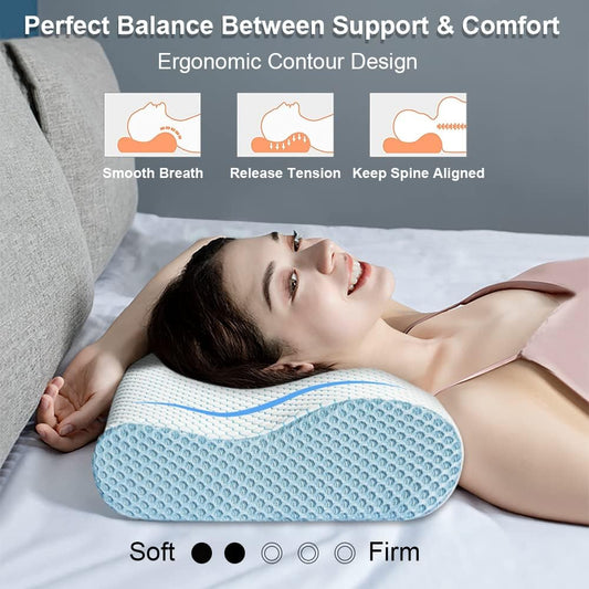 Anvo Memory Foam Pillow, Neck Contour Cervical Orthopedic Bed Pillow for Sleeping Side Back Stomach Sleeper, Ergonomic Design for Neck and Shoulder Pain Relief, Blue White, Firm