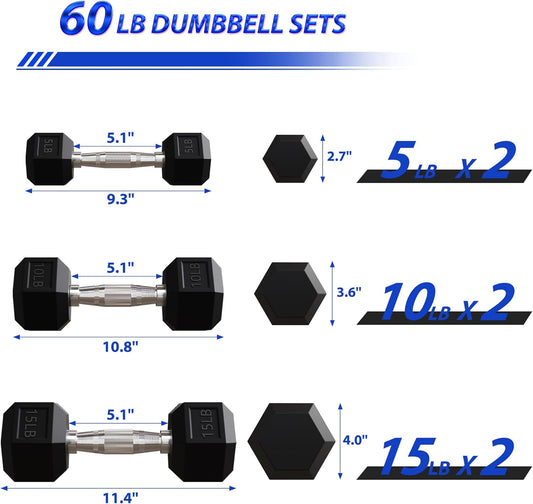 Signature Fitness Rubber Encased Hex Dumbbells with Optional Rack, 10 15 20LB Pairs and 5, 10 and 15 Pairs Weight Sets for Home Gym