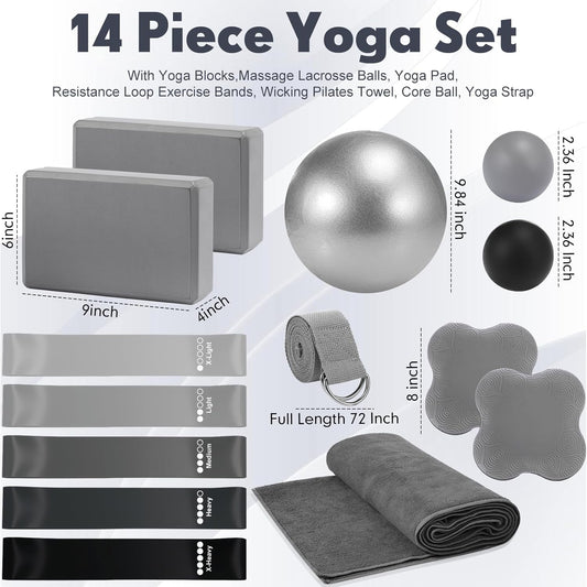 14 Pcs Yoga Kits for Home Workouts Pilates Equipment Set for Women Beginners, Hot Yoga Towel Blocks Strap, Knee Pad, Resistance Loop Exercise Band, Massage Lacrosse Ball, Pilates Ball