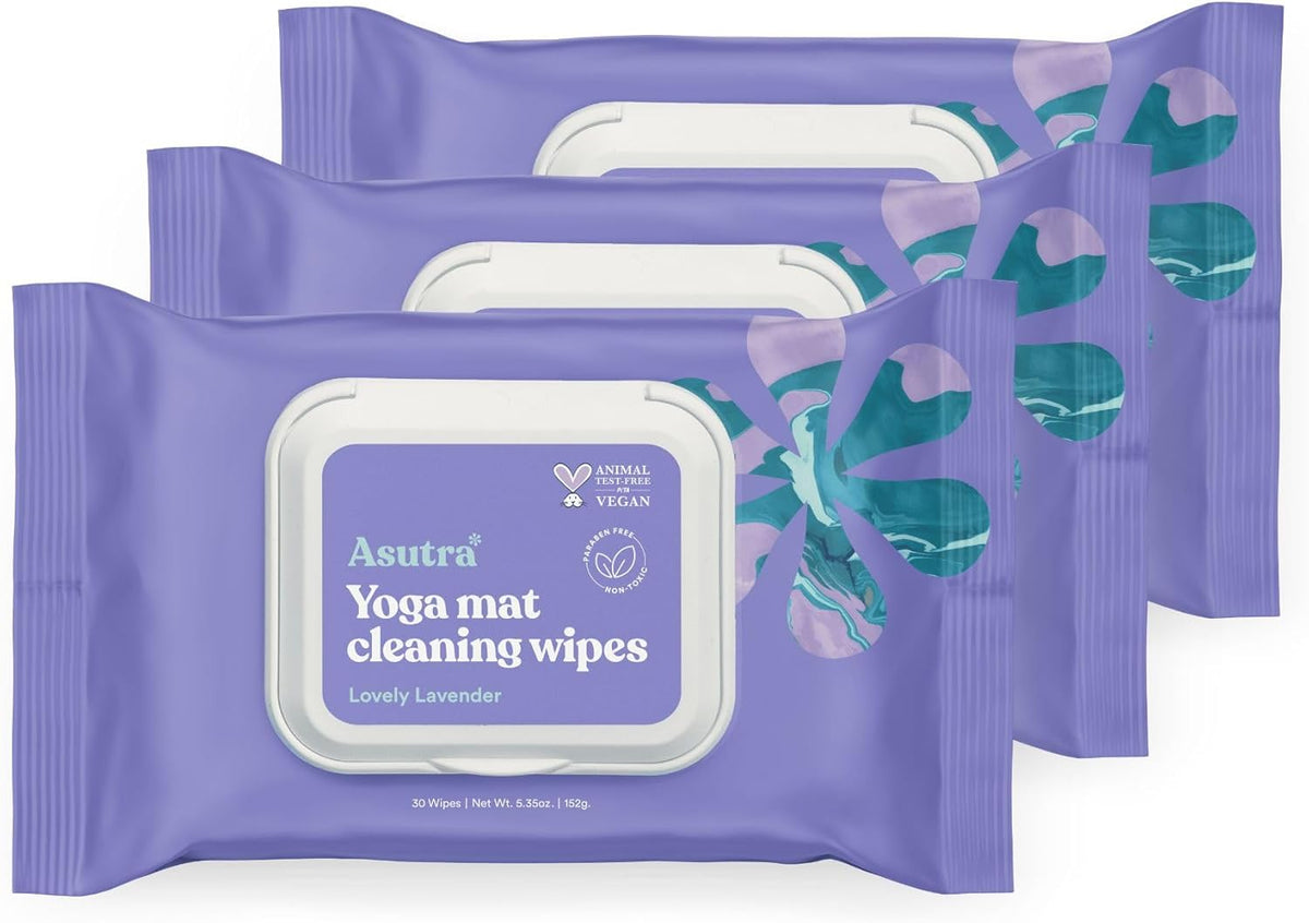 ASUTRA Yoga Mat Cleaning Wipes (Lovely Lavender), 1 Pouch (30 Wipes) - No Slippery Residue, Deep-Cleansing for Fitness Gear & Gym Equipment