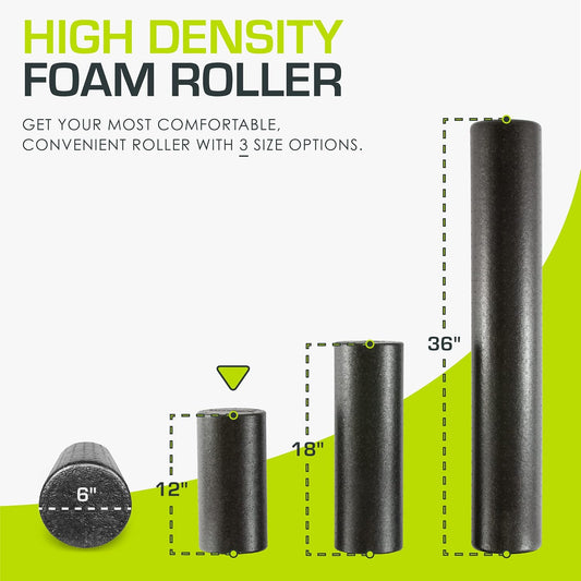 High Density Foam Rollers 12 - inches long, Firm Full Body Athletic Massage Tool for Back Stretching, Yoga, Pilates, Post Workout Muscle Recuperation, Black/Blue