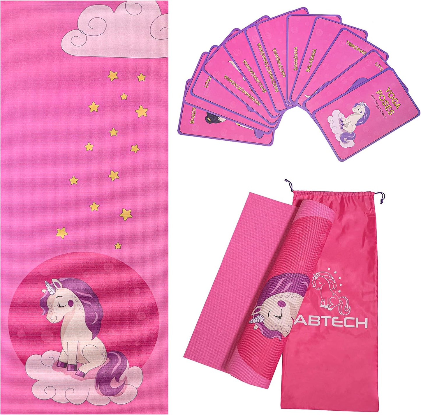 Kids Yoga Mat Set - Comfortable Dinosaur Kid Yoga Mat Boy with 12 Yoga Cards, Storage Bag, Beige Play Mat Thick for Gymnastics Mat, Exercise Mat, No-Toxic and Non-Slip for Ages 3-12