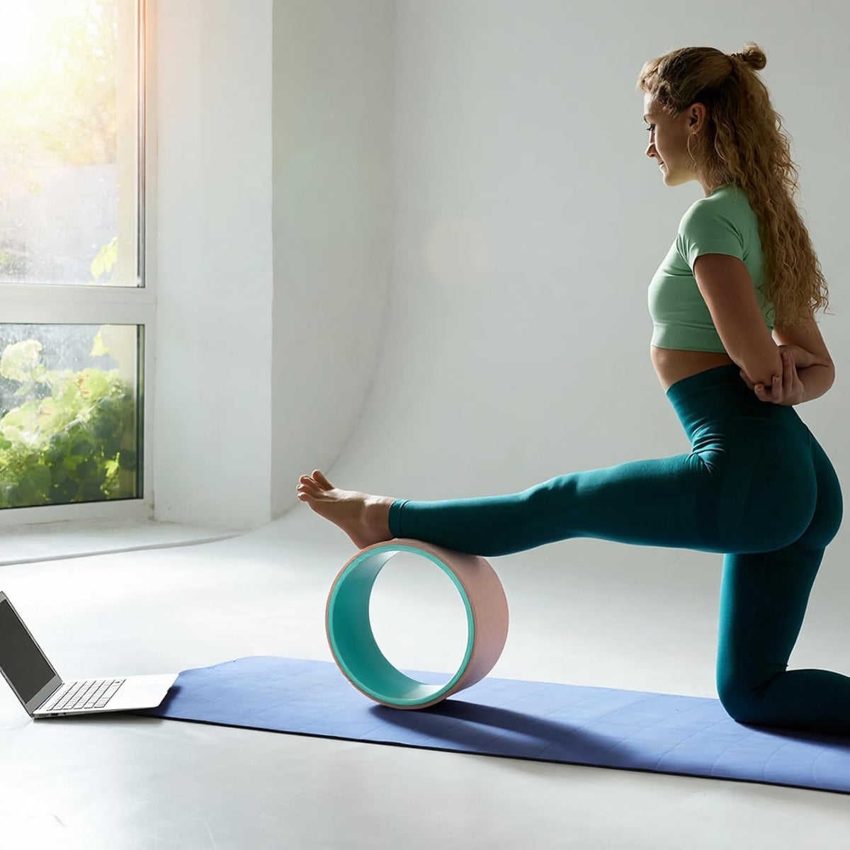 5-in-1 Pink Yoga Wheel Set Back Stretcher Wheel Deep Tissue Massage Foam Roller Trigger Point Relieve Ball, Resistance Loop Exercise Bands Massage Roller for Deep Tissue Yoga Beginner Gift