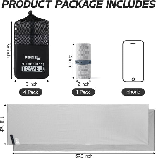 REDKISS 4 Pack Cooling Towels (39"x11"), Ice Towel, Soft Breathable Chilly Towel, Microfiber Towel for Sport, Running, Workout,Gym, Camping & More Activities - Grey