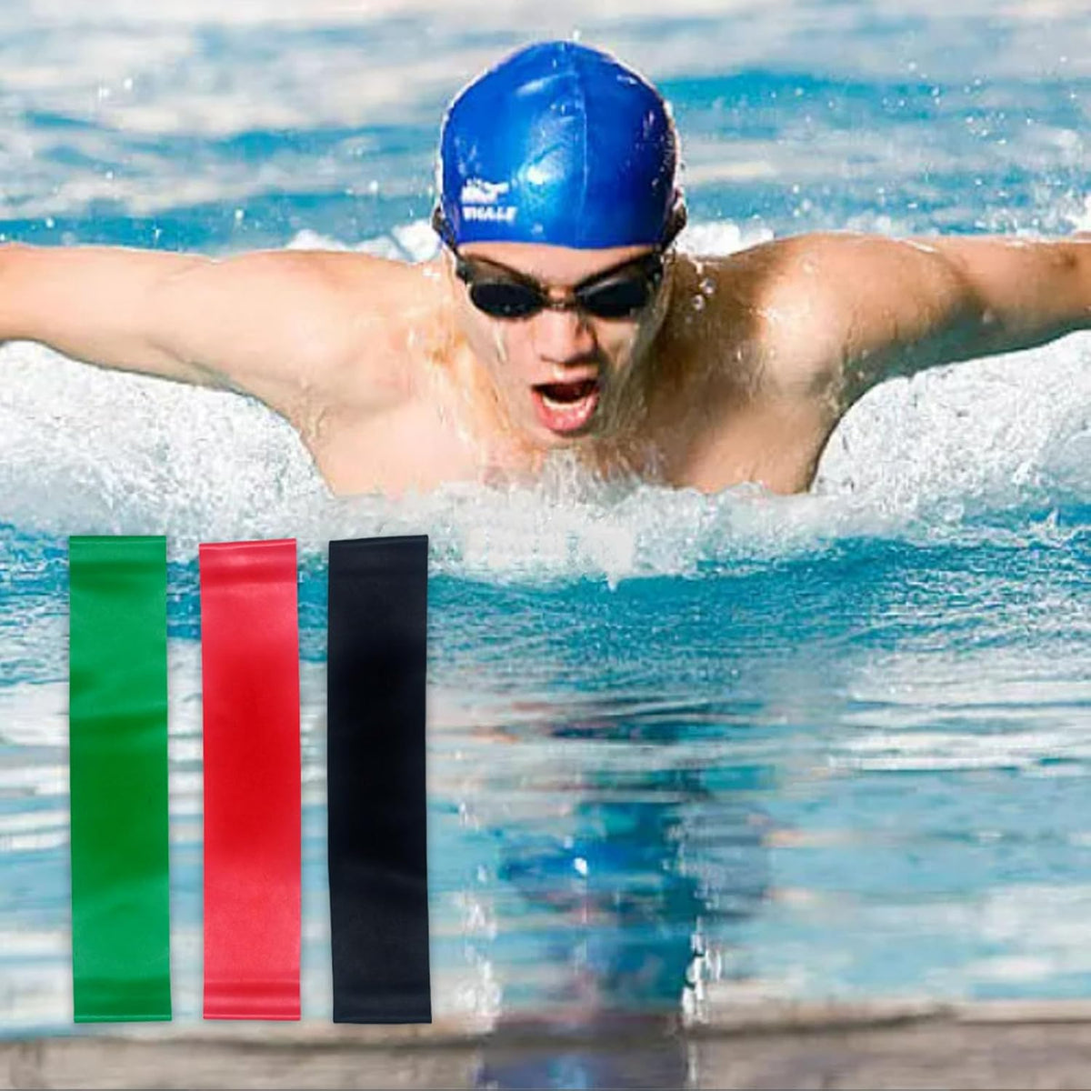 3 PCs Swimming Ankle Strap with 1 Pair Earplug, Rubber Pulling Ankle Band Aquatic Resistance Belt for Swimming Training Legs Resistance Strength Exercise