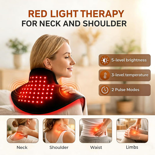 Cordless Red Light Therapy for Shoulder Neck Pain Relief, 660nm & 850nm NIR LED Infrared Light for Upper Back Muscle with 100 Bead, Timer, RC, 5 Lightness & 3 Temp. Modes for Home Travel (Black)