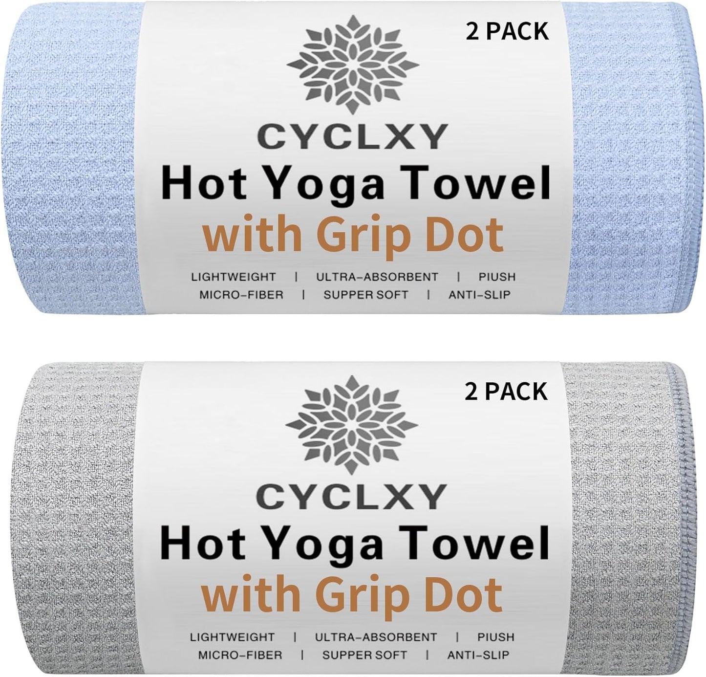 2 Pack Hot Yoga Towel with Grip Dot,Stickyfiber Yoga Mat Towels Non Slip for Hot Yoga,Absorbent Microfiber Sweat Anti-Slip Cover,Bikram,Pilates,Exercise