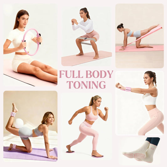 Pilates Kit, Home Pilates Kit with Pilates Ring and Ball Set, 14-Piece Full Body Pilates Equipment Set with Resistance Bands, Sliders, Ankle Weights & Grip Socks for Home Workouts
