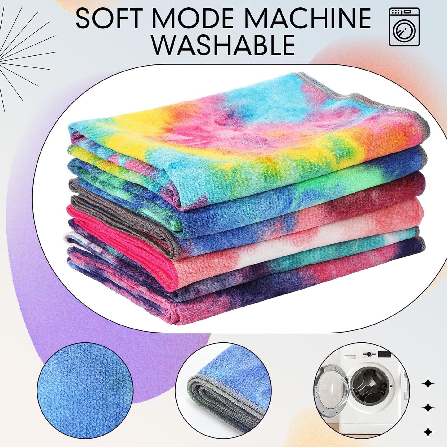 6 Pcs Yoga Towels with Grip Dots 72 x 25 Inch Non Slip Hot Yoga Mat Towel Microfiber Soft Sweat Absorbent Blanket for Gym Pilates Workout Fitness, 6 Tie Dye Colors