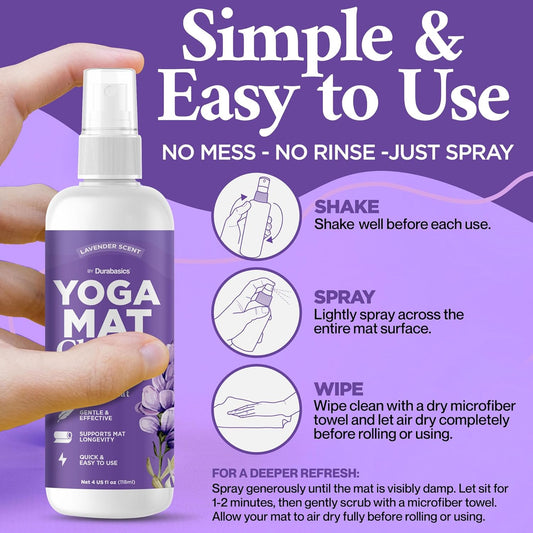 Yoga Mat Cleaner Spray – Lavender Scent – 2 Pack (4 oz Each) with Microfiber Towel – Mat Spray Cleaner for Sweat & Odor – Quick-Dry, No Rinse Formula for Gear & Gym Equipment