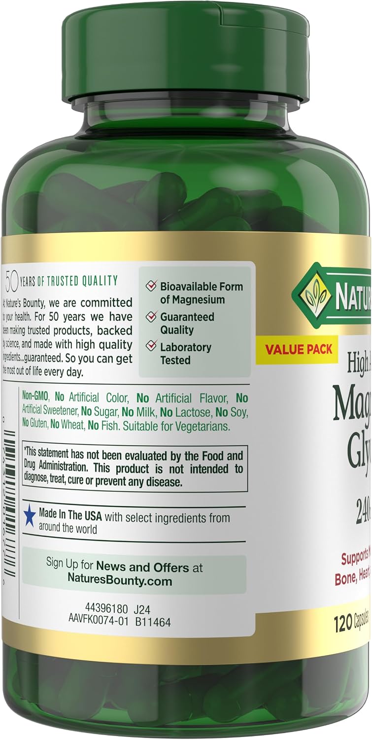 High Absorption Magnesium Glycinate 240 mg for Supporting Muscle Relaxation and Bone, Heart & Nerve Health – Non-GMO, Gluten-Free, Vegetarian, 120 Count/60 Servings