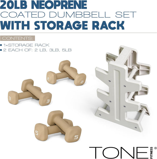 Neoprene Dumbbell Set with Storage Rack – Non-Slip, Anti-Roll Hand Weights for Home Gym Workouts | 20 lb, 32 lb, 50 lb, 60 lb & 100 lb Options