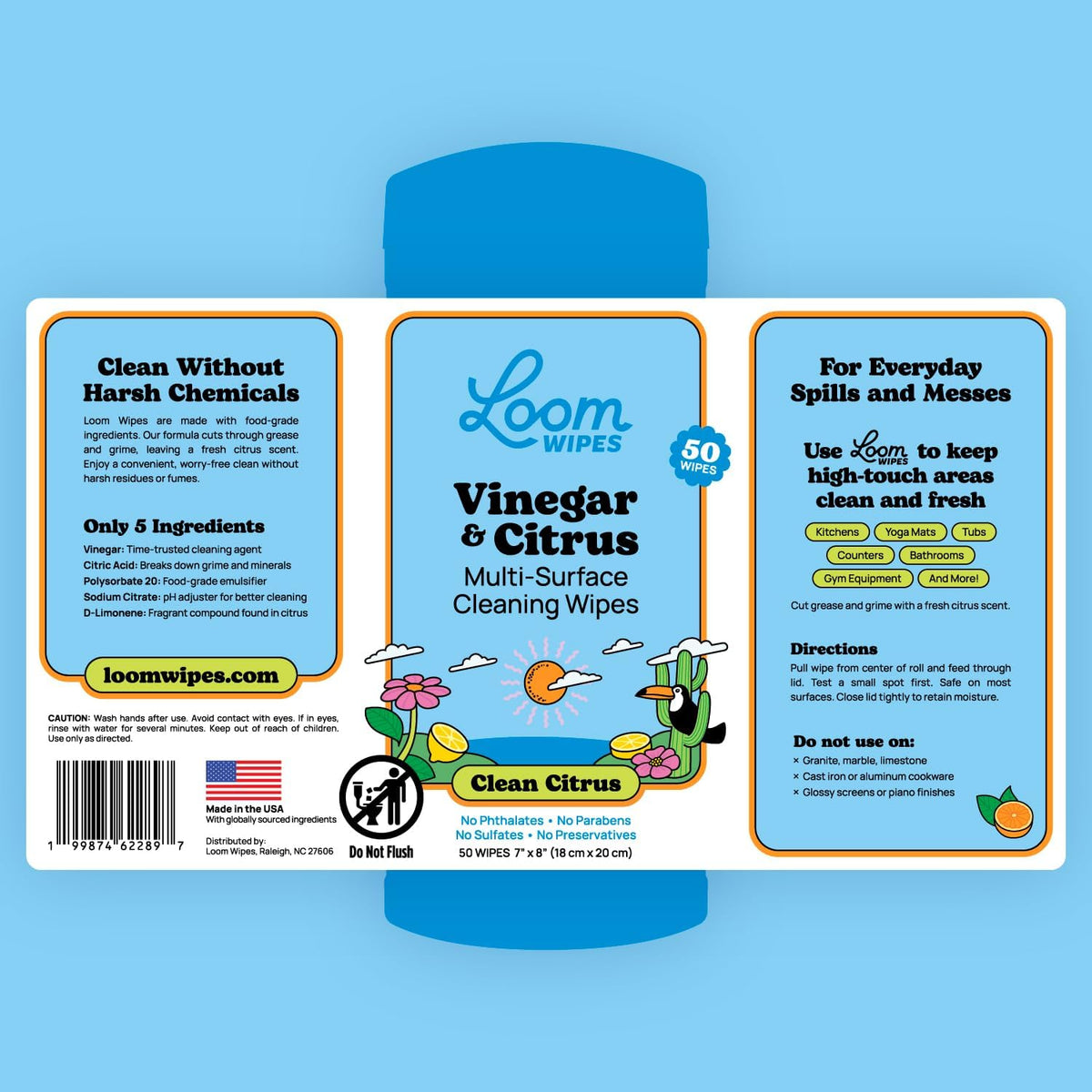 All Purpose Natural Cleaning Wipes - Vinegar & Citrus Powered Multi Surface Cleaner - 50 Count