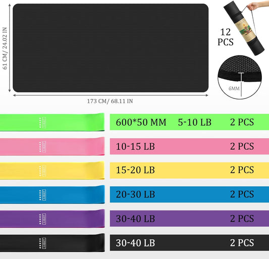 36 Pieces Yoga Mats Sets Includes 12 Pcs Yoga Mats Bulk 68” x 24” x 6mm Thick Exercise Mat Non Slip 12 Resistance Bands 12 Carrying Straps for Women Girls for Gym Pilates