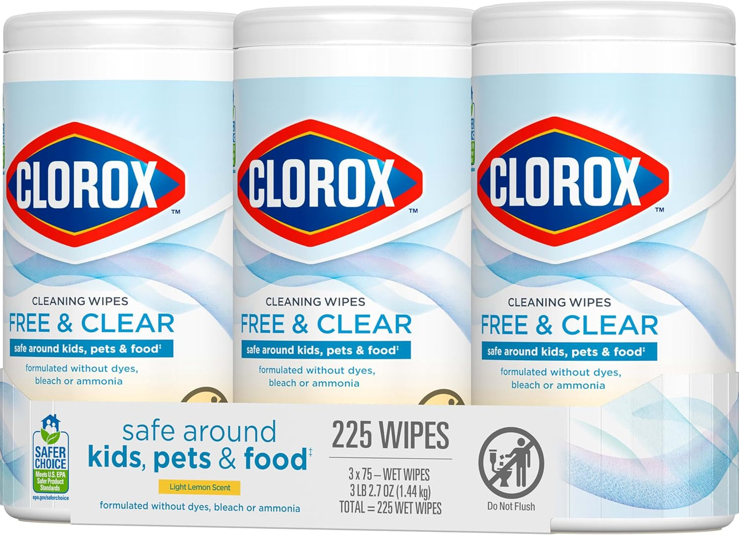 Free & Clear Cleaning Wipes, Light Lemon Scent, 75 Count, Pack of 3 (Pack May Vary)