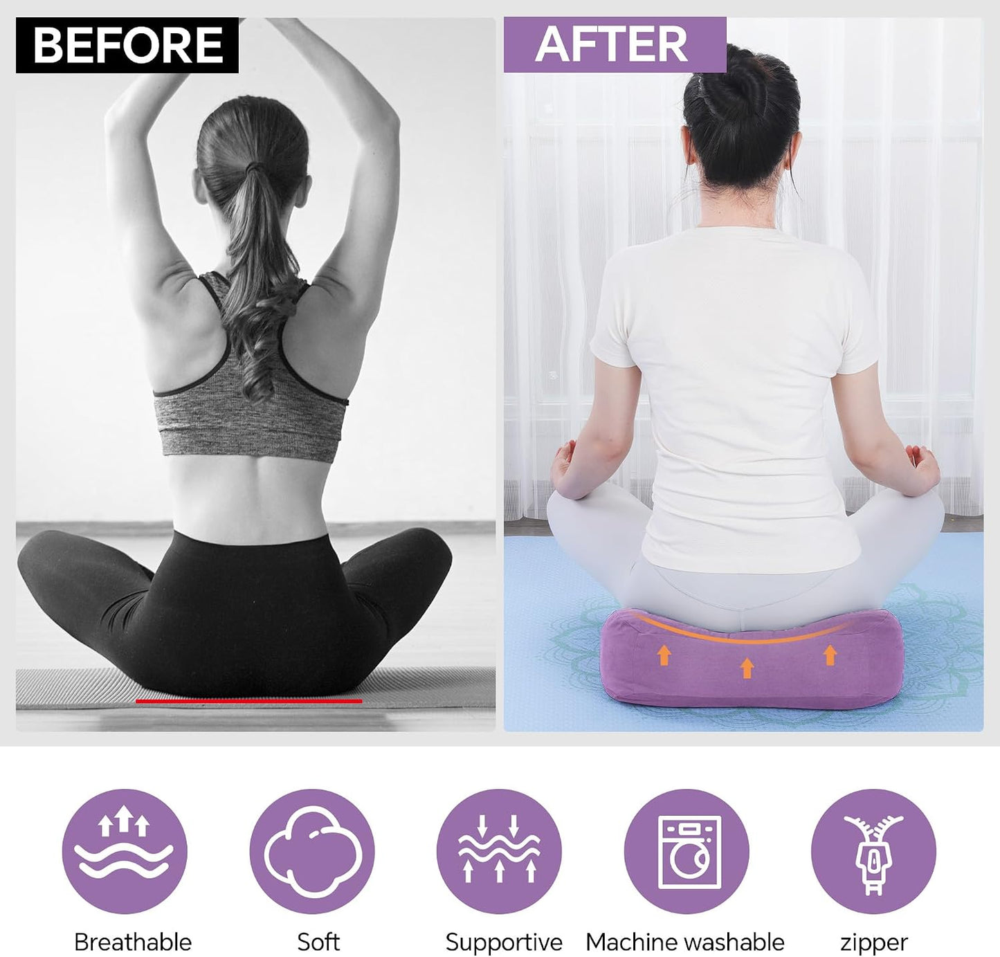 2-Piece Yoga Bolster Pillow, Rectangular & Crescent Meditation Cushions with Removable Cover for Restorative Yoga, Meditation Accessories for Sitting on Floor