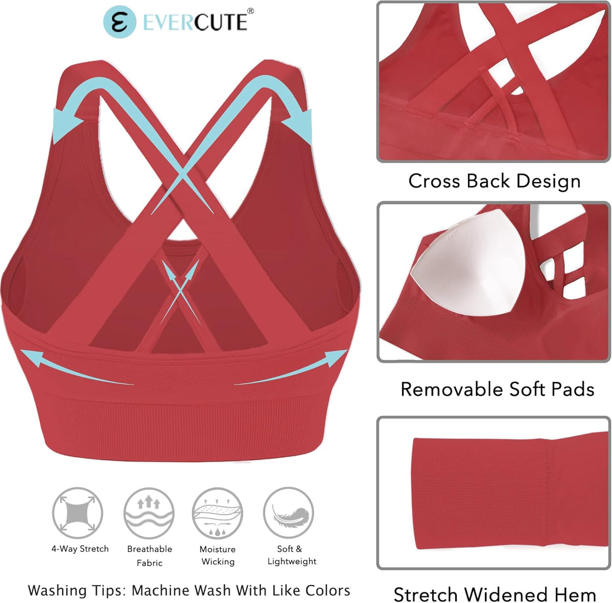 Evercute Sports Bras for Women Padded Medium Support Criss Cross Strappy Bra Seamless High Impact Yoga Exercise Athletic Bras