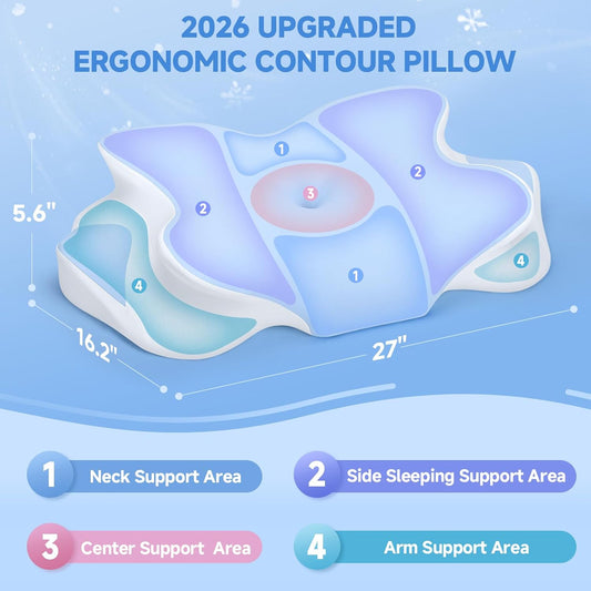 2026 New Cooling Memory Foam Pillow with Ice Silk Cover, Ergonomic Cervical Neck Support Pillow for Pain Relief, Nature Cooling Gel Pillow for Hot Sleepers Night Sweats, Side Sleeper Pillow (Blue)